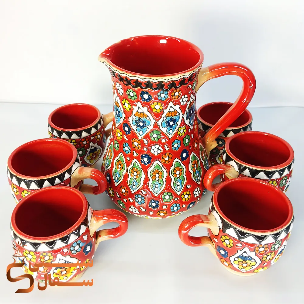 enameled-earthenware-pitcher-and-glass-set (4) ست پارچ و لیوان میناکاری سفالی سرخ