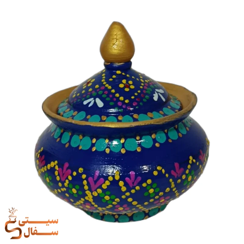 نمای جانبی قندان سفالی سنتی نقطه کوبی با رنگ‌بندی زیبا