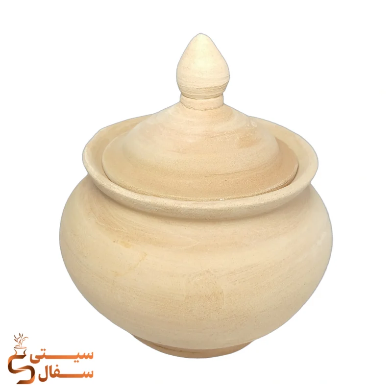 نمای کامل قندان سفالی خام درب دار قبه ای با بدنه خمره ای سنتی لالجین