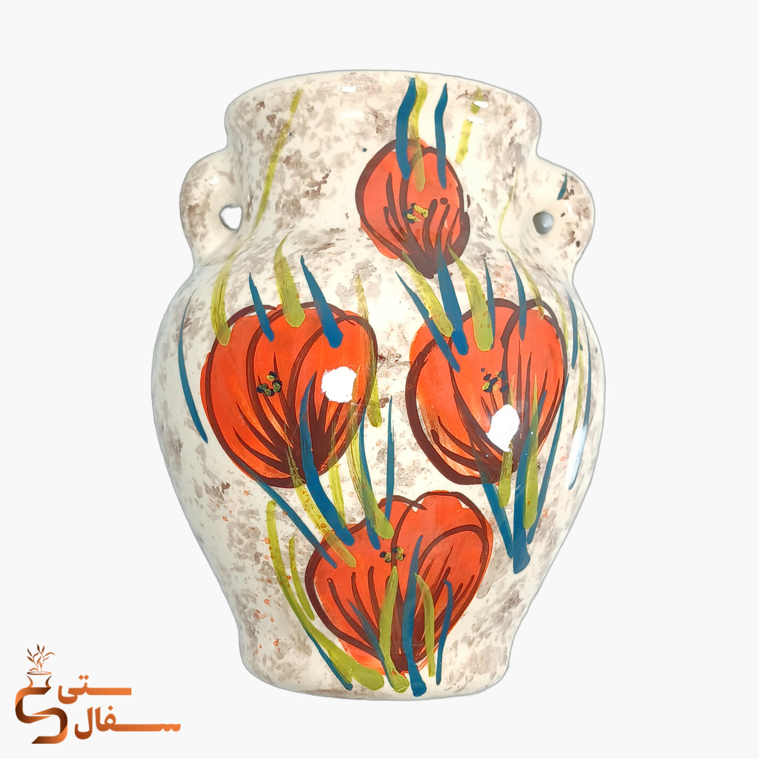 nagar-orange-amphora-wall-ceramic-vase-21cm (1) گلدان دیوارکوب کوزهای نارنجی سرامیکی با چهار غنچهی نارنجی و دو دستهی سوراخدار