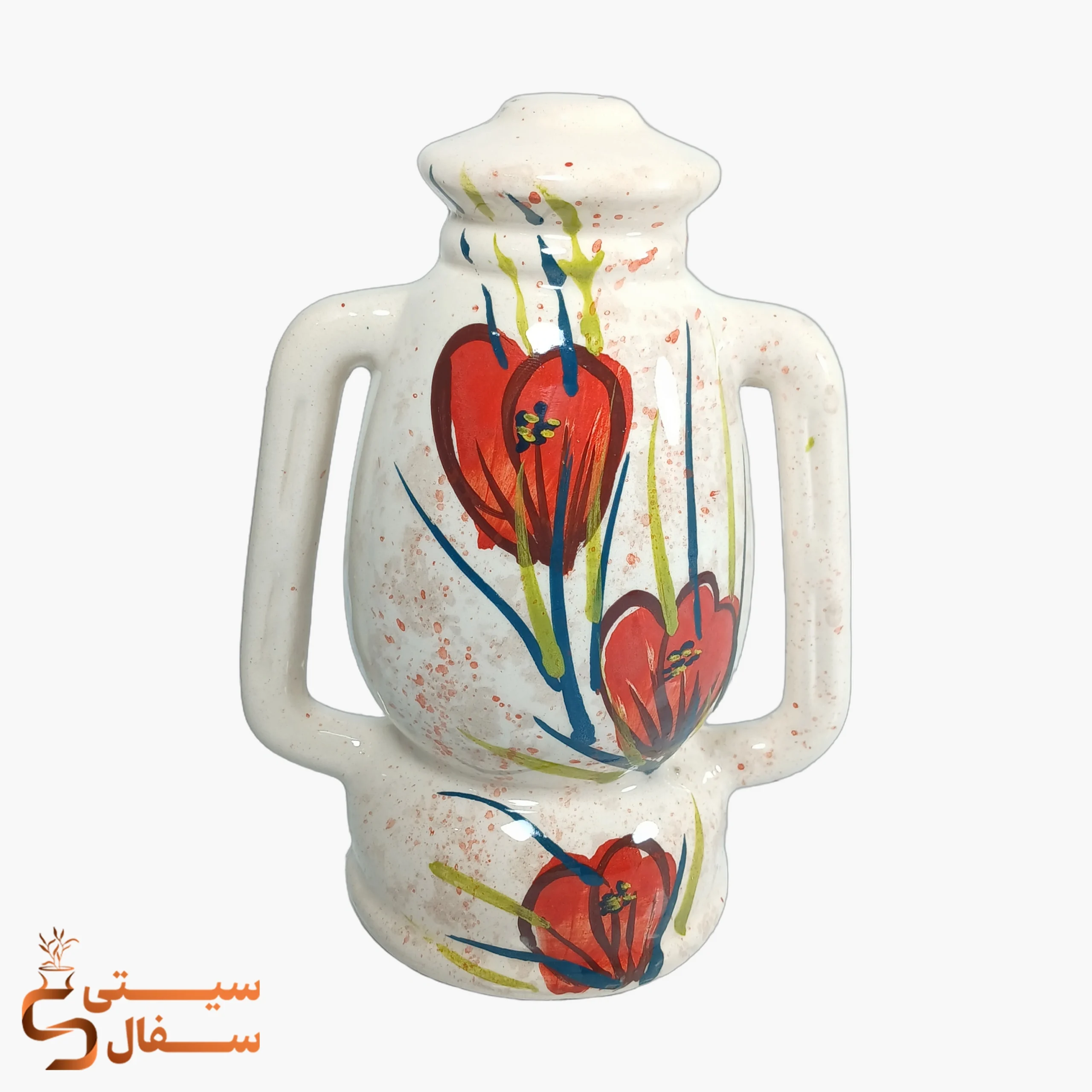 red-ceramic-lantern-decor-20cm1 (2) فانوس سرامیکی قرمز دکوری با گلهای قرمز روی زمینهی سفید
