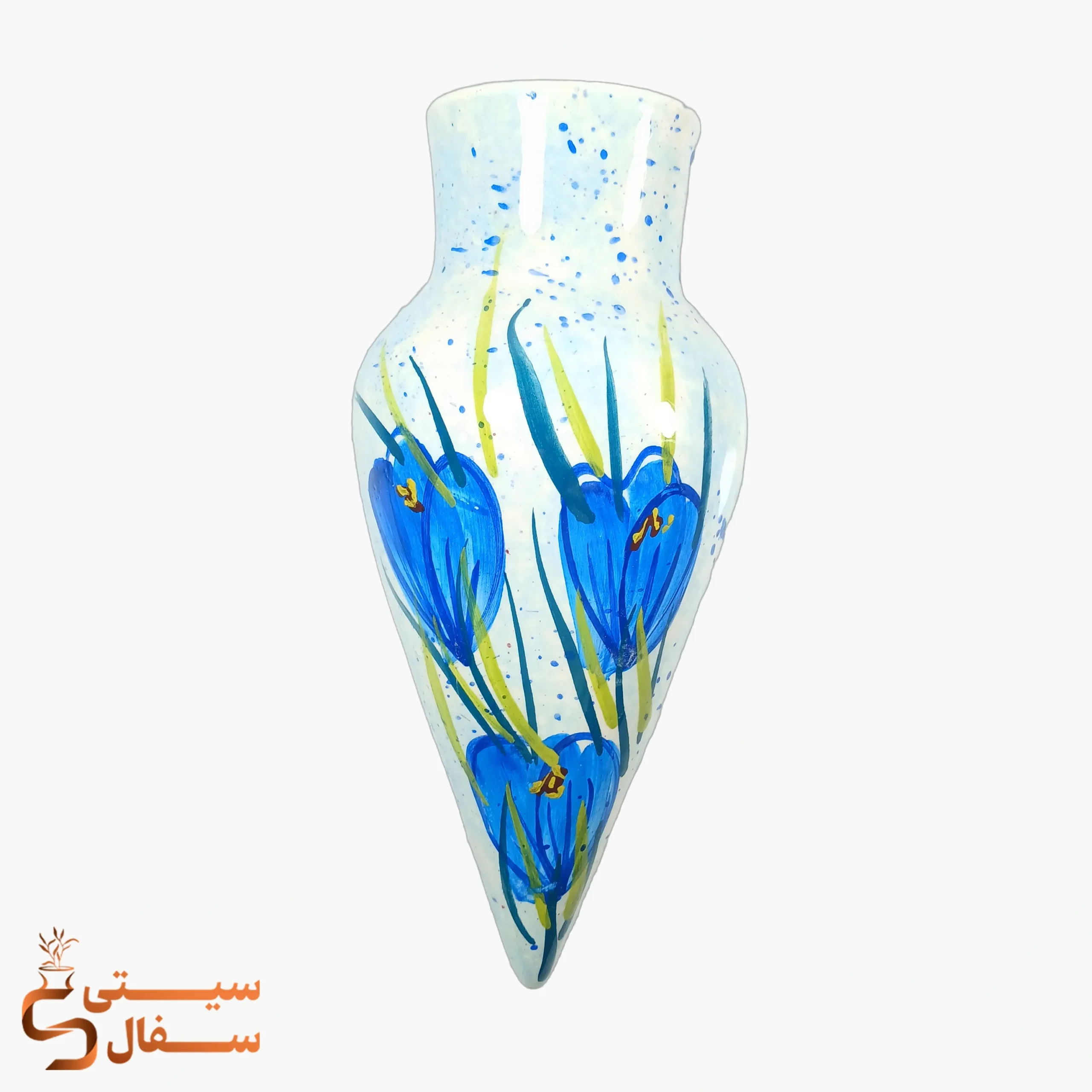 wall-hanging-blue-ceramic-vase-26cm (1) گلدان دیواری آبی با نقش گل آبی کبالتی و پاشش آسمانی روی زمینهی سفید