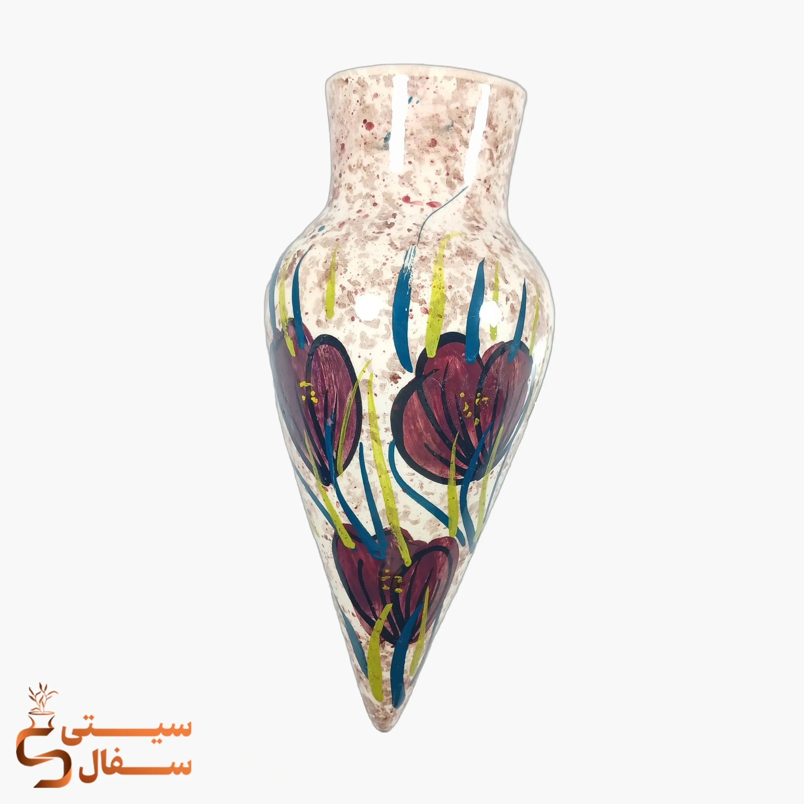 wall-hanging-purple-ceramic-vase-26cm (1) گلدان دیواری بنفش سرامیکی مدل رویش با گلهای ارغوانی